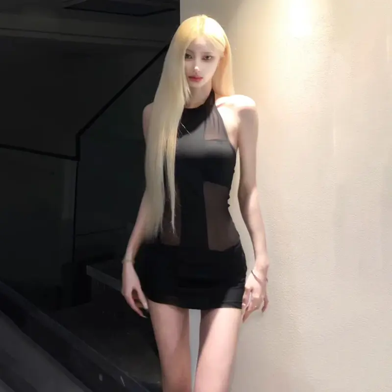 Sexy Pure Desire Style Black Mesh Halter Neck Dress Female Summer Y2k Dresses