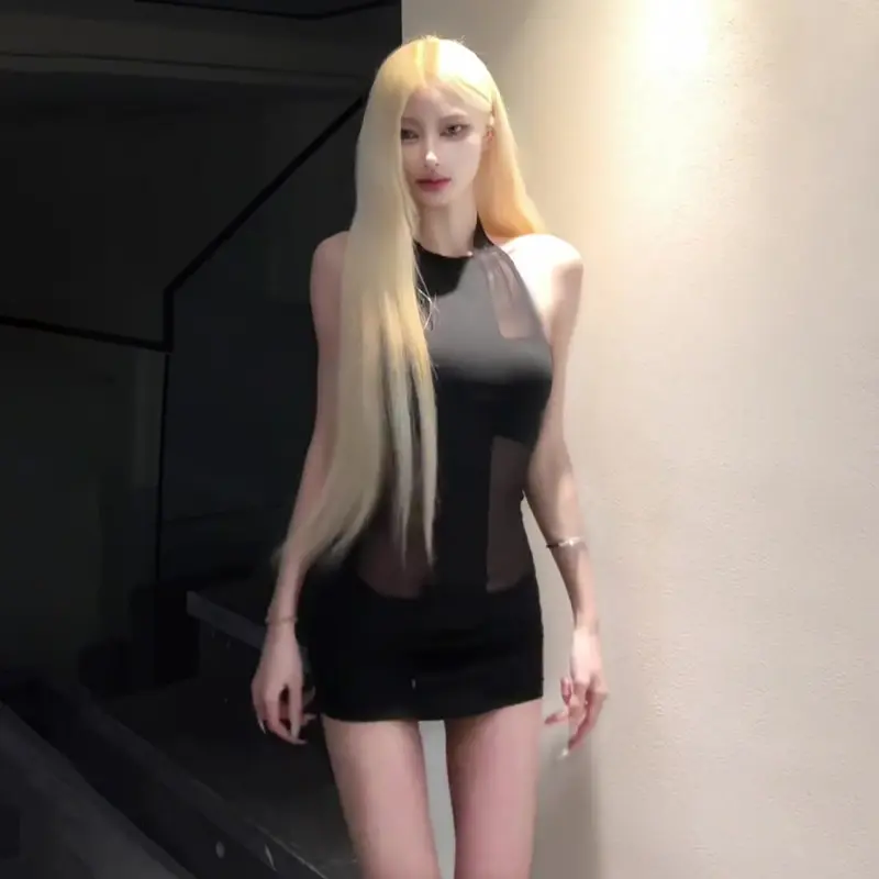 Sexy Pure Desire Style Black Mesh Halter Neck Dress Female Summer Y2k Dresses