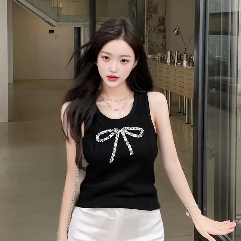 Summer Korean Bow Rhinestone Round Neck Sleeveless Casual Knitted Vest For Women