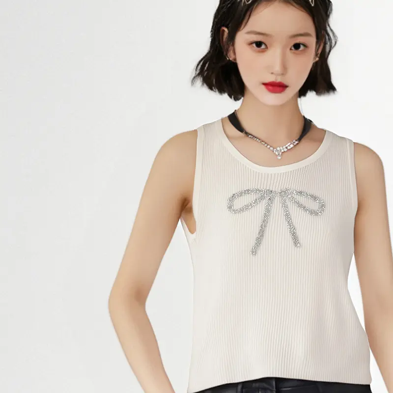 Summer Korean Bow Rhinestone Round Neck Sleeveless Casual Knitted Vest For Women