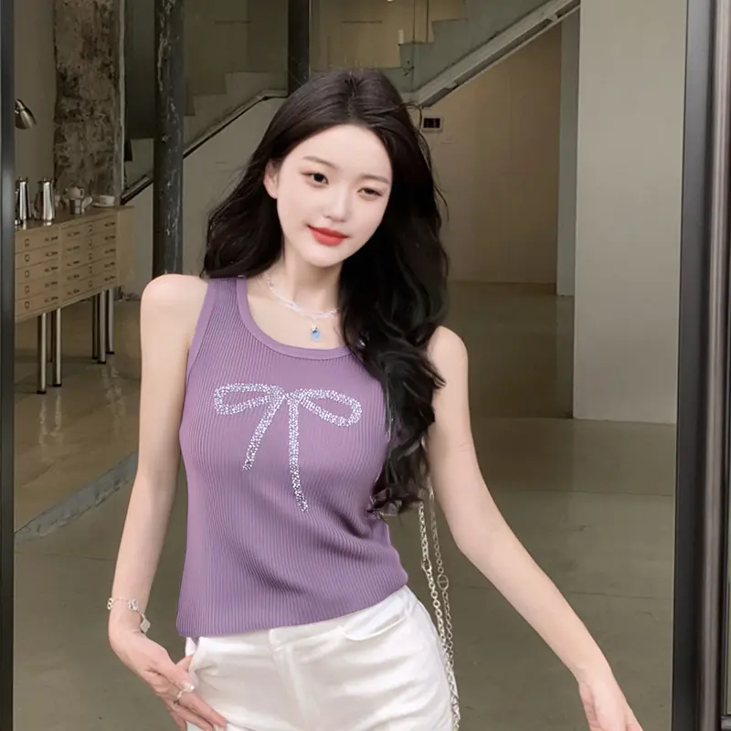 Summer Korean Bow Rhinestone Round Neck Sleeveless Casual Knitted Vest For Women