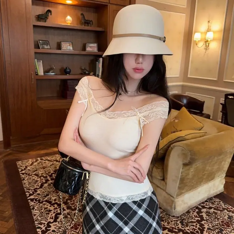 Summer Women's Pure Desire U-neck Bow Lace Patchwork Slim Camisole With Chest Pad