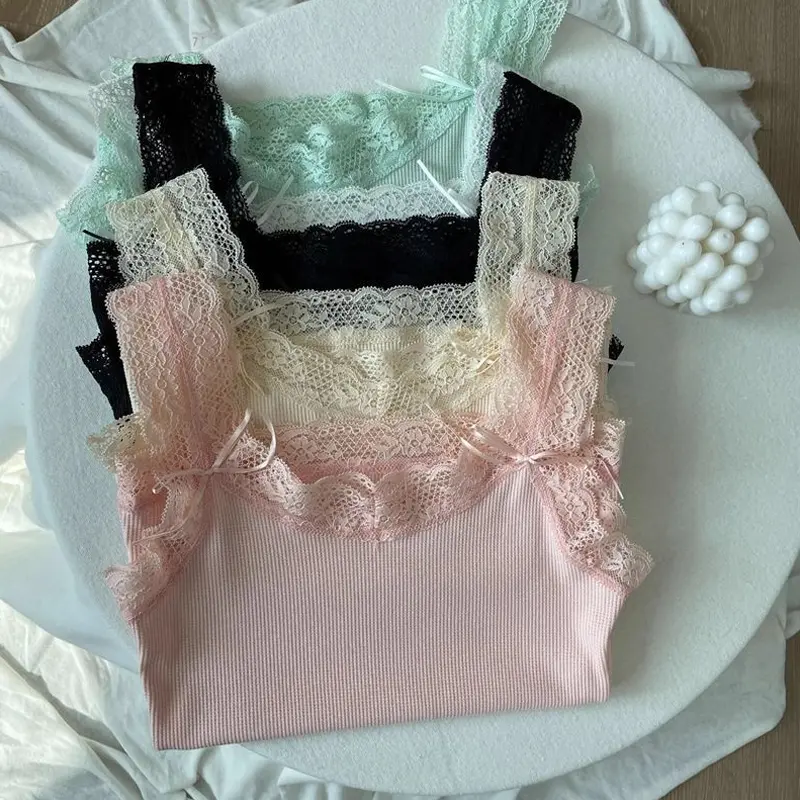 Summer Women's Pure Desire U-neck Bow Lace Patchwork Slim Camisole With Chest Pad