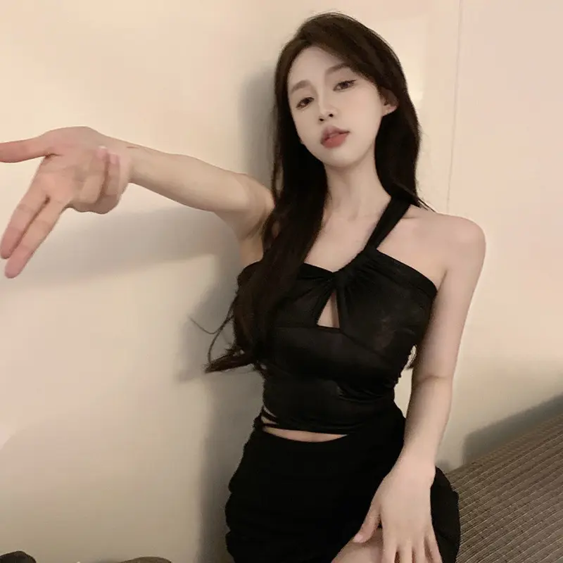 One-Shoulder Cropped Tops Camisole Women Summer Pleated Hollow Shiny Sexy Vest