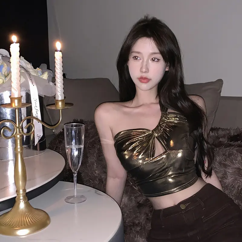 One-Shoulder Cropped Tops Camisole Women Summer Pleated Hollow Shiny Sexy Vest