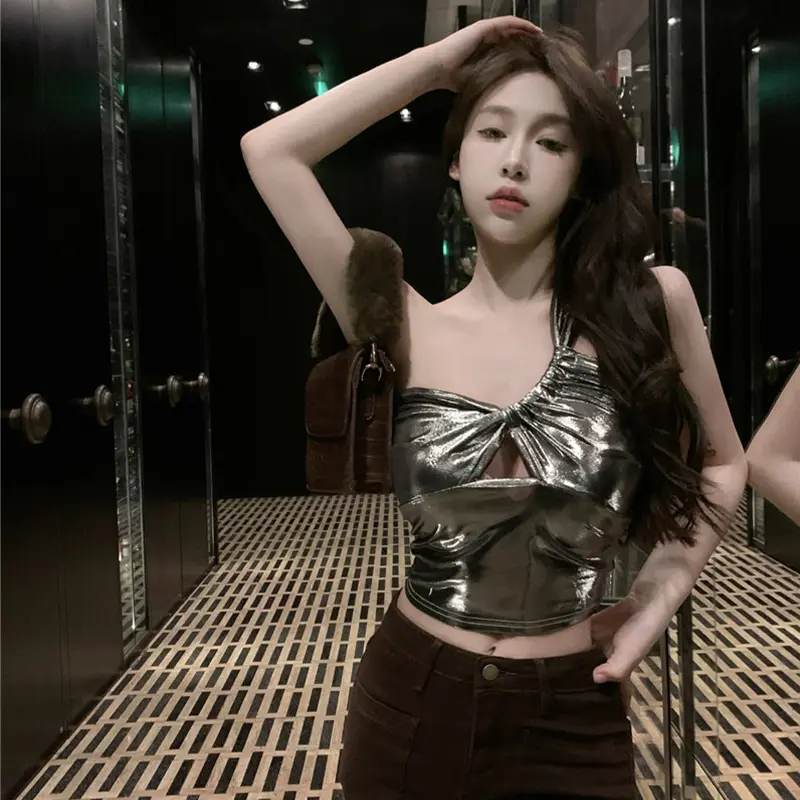One-Shoulder Cropped Tops Camisole Women Summer Pleated Hollow Shiny Sexy Vest