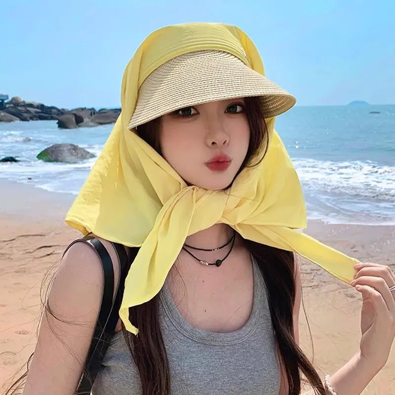 Fashion Splicing Straps Headscarf Caps For Women Outdoor Travel Sun Protection Versatile Personality Sun Hat