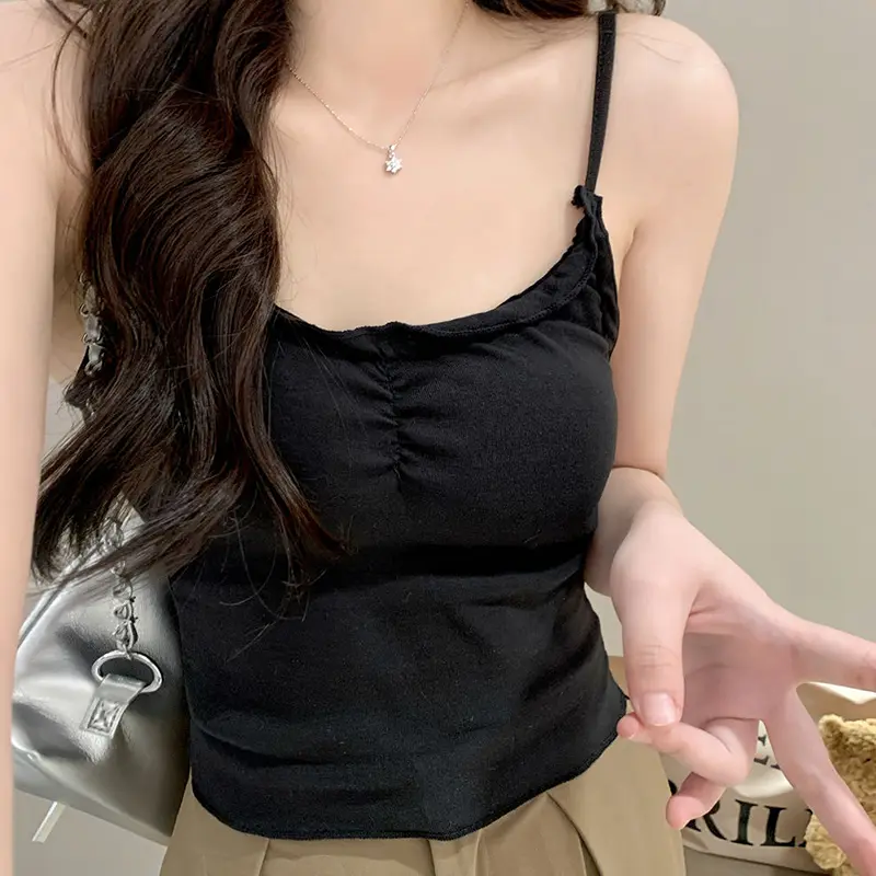 Summer Women's Sweet And Spicy Pleated V-neck Sleeveless Slim Camisole With Chest Pad