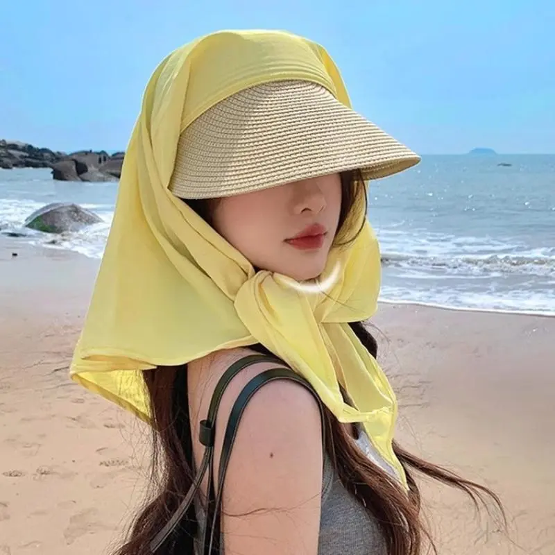 Fashion Splicing Straps Headscarf Caps For Women Outdoor Travel Sun Protection Versatile Personality Sun Hat