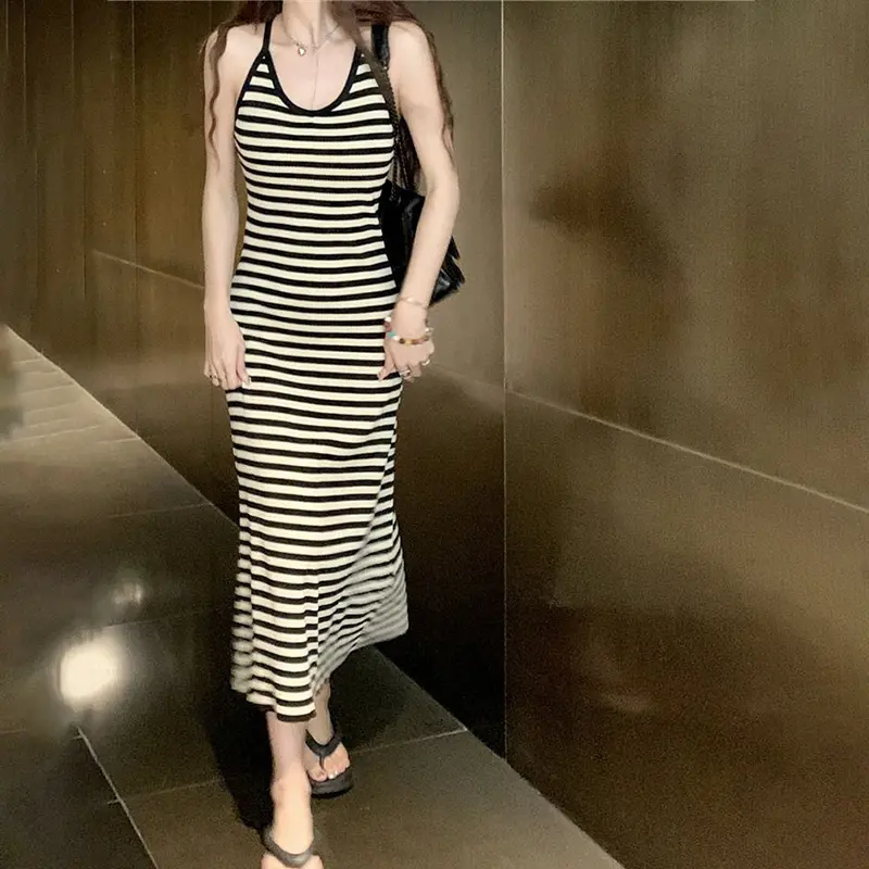 Fashion Striped V-Neck Seaside Vacation Suspender Dress For Women In Summer