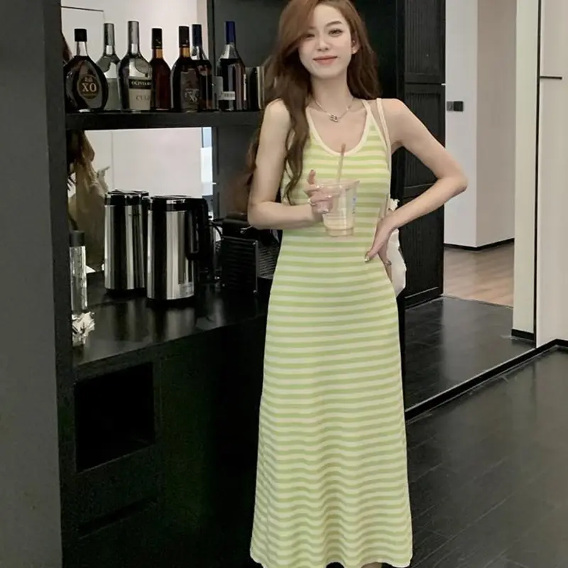 Fashion Striped V-Neck Seaside Vacation Suspender Dress For Women In Summer