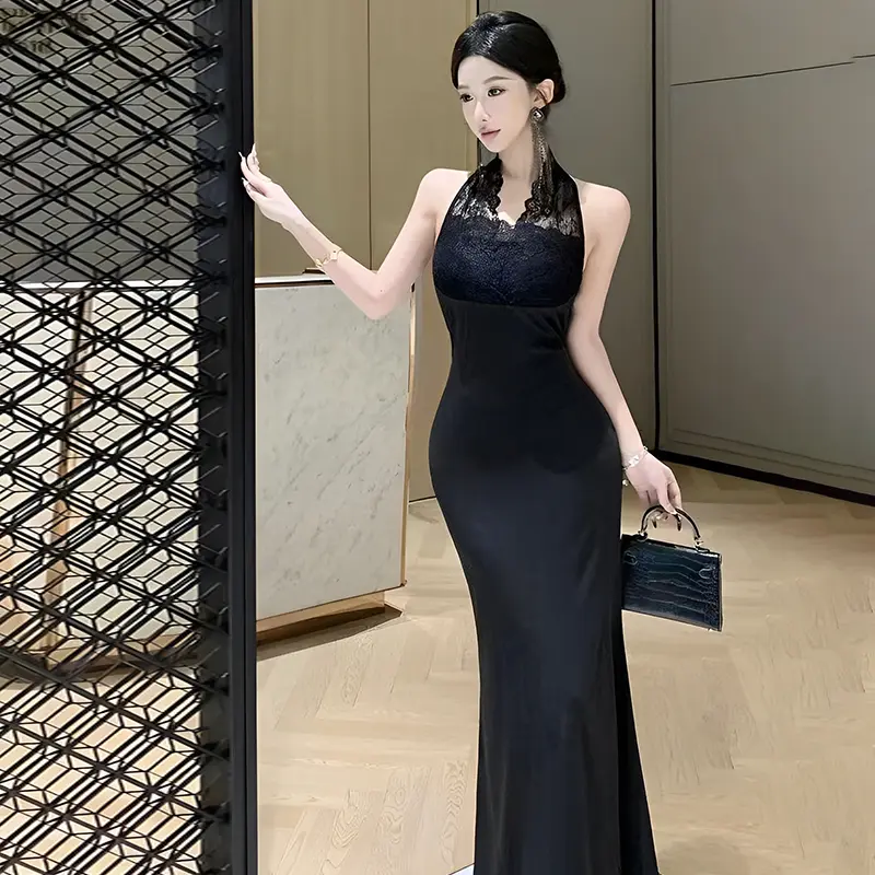 Lace Halter Dress Women Summer Sexy Elegant Party Backless Wrapped Long Dresses