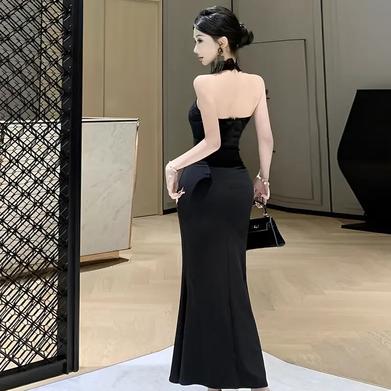 Lace Halter Dress Women Summer Sexy Elegant Party Backless Wrapped Long Dresses