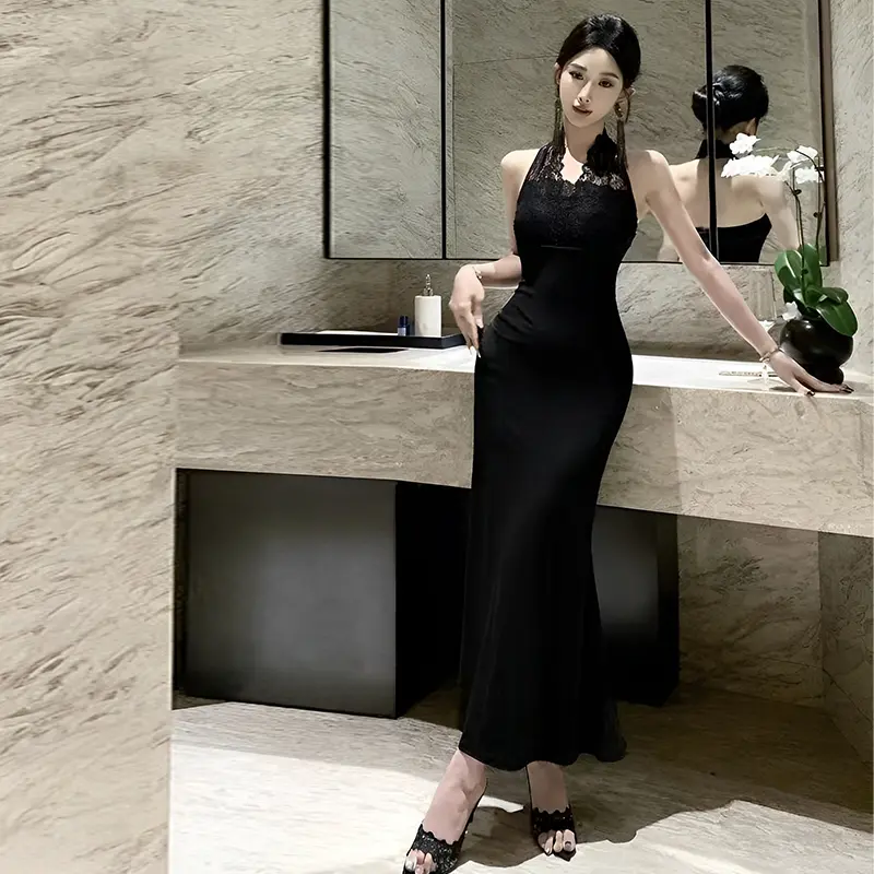Lace Halter Dress Women Summer Sexy Elegant Party Backless Wrapped Long Dresses