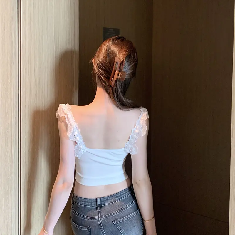 Pure Desire Lace Splicing Devil's Horns Lace-Up Vest Sexy Off-shoulder Backless Short Top For Women