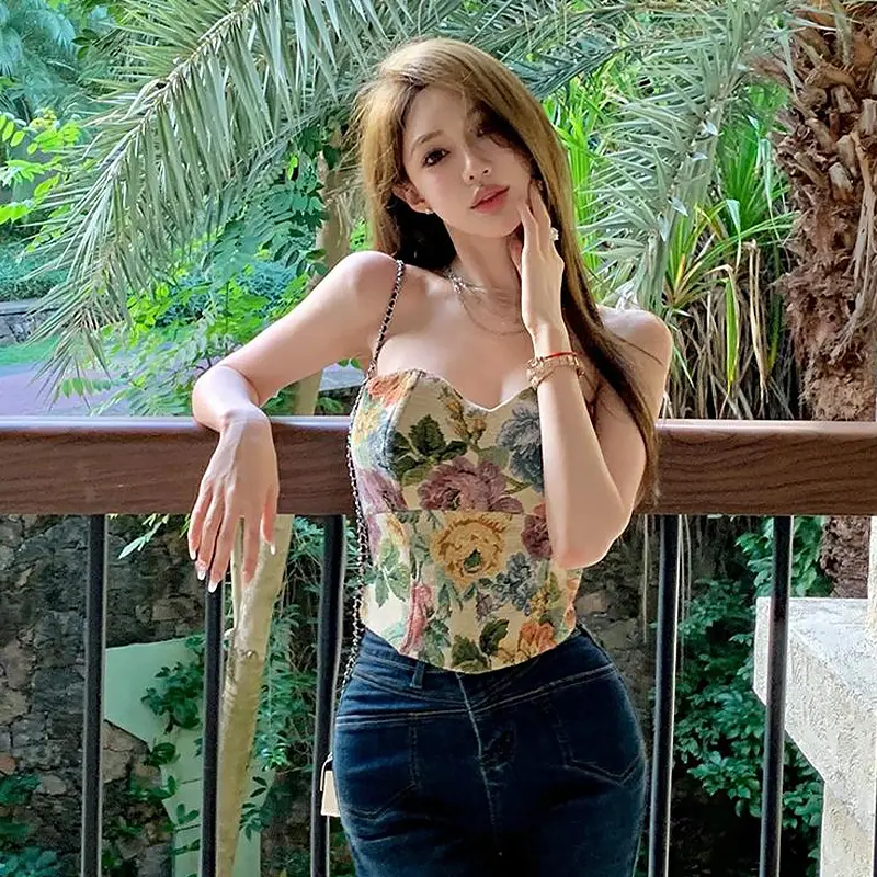 Women Sexy Summer Holiday Sweet Colorful Floral Strapless Top With Cheat Pads