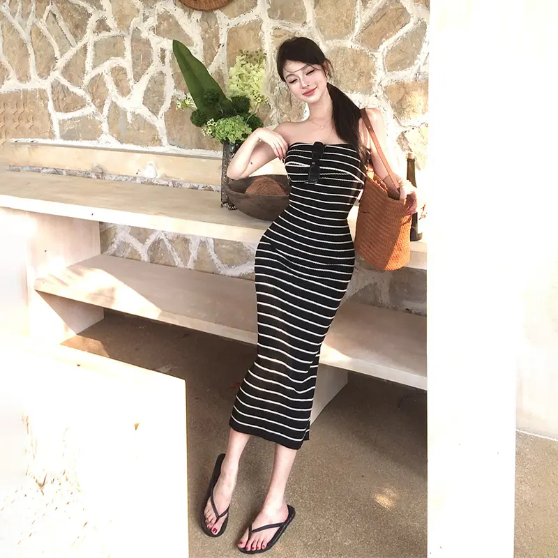 Lapel Striped Strapless Knitted Dress Women Summer Holiday Casual Long Dresses