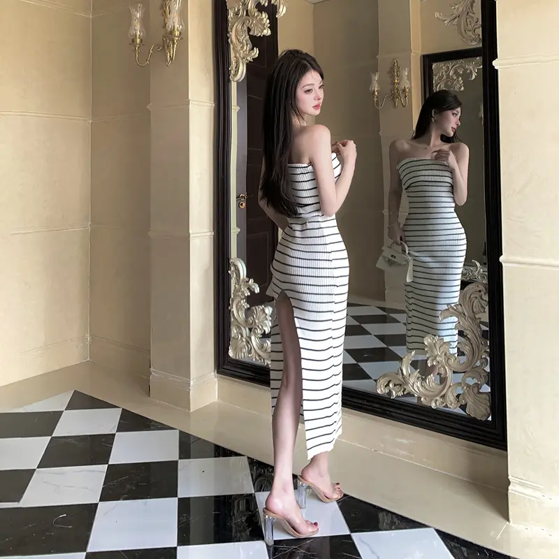 Lapel Striped Strapless Knitted Dress Women Summer Holiday Casual Long Dresses