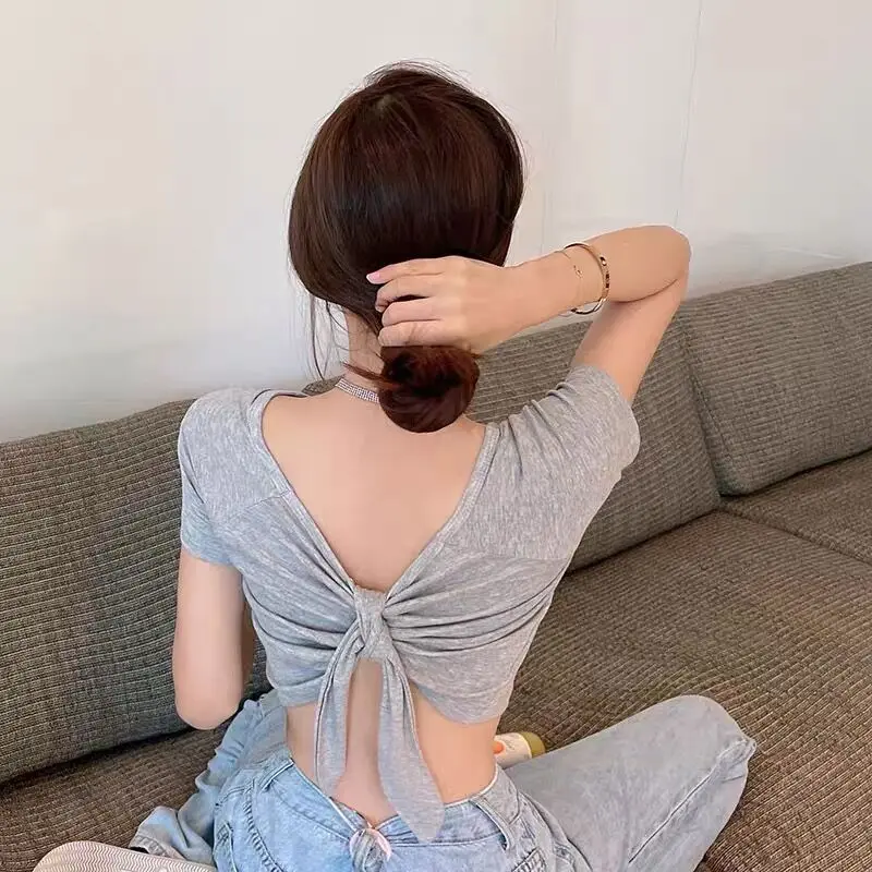 Summer Women's Sexy Lace-up V-neck Short Sleeve Slim T-shirt Reversible Crop Top