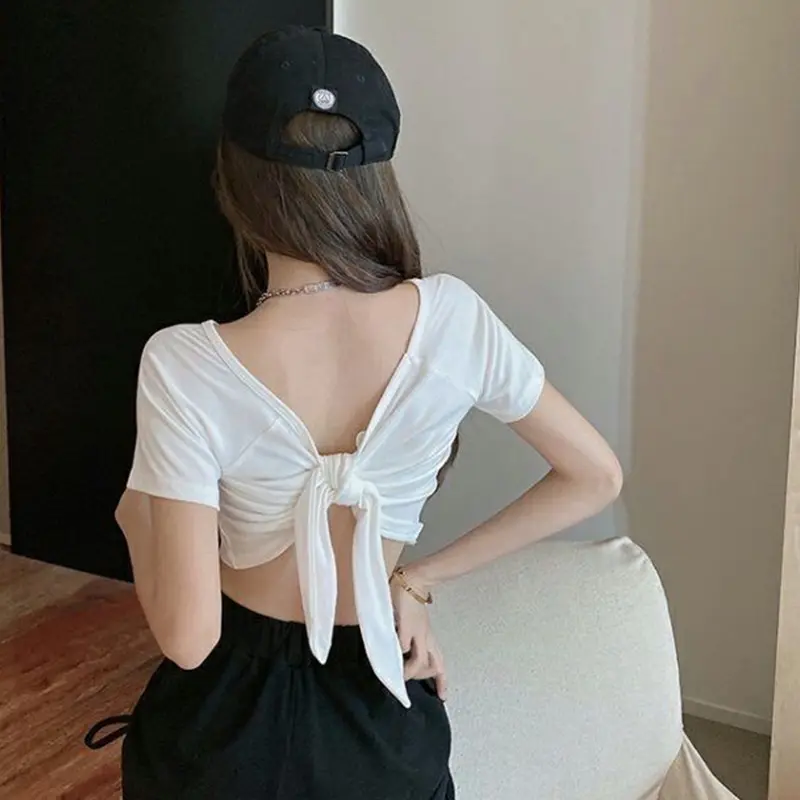 Summer Women's Sexy Lace-up V-neck Short Sleeve Slim T-shirt Reversible Crop Top