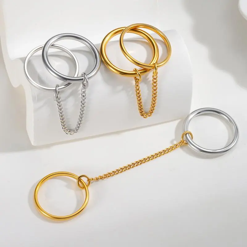 Minimalist Fashion Chain Titanium Steel Layered Ring Geometric Double-layer Ring Stacked Finger Titanium Steel Hand Jewelry