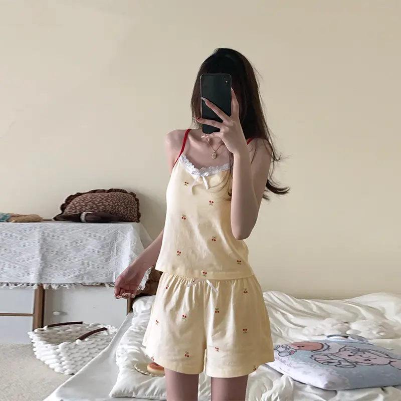 Fashionable Cute Home Sweet Cherry With Chest Pad Pajamas Set For Women