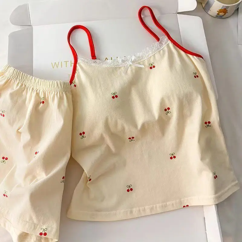Fashionable Cute Home Sweet Cherry With Chest Pad Pajamas Set For Women
