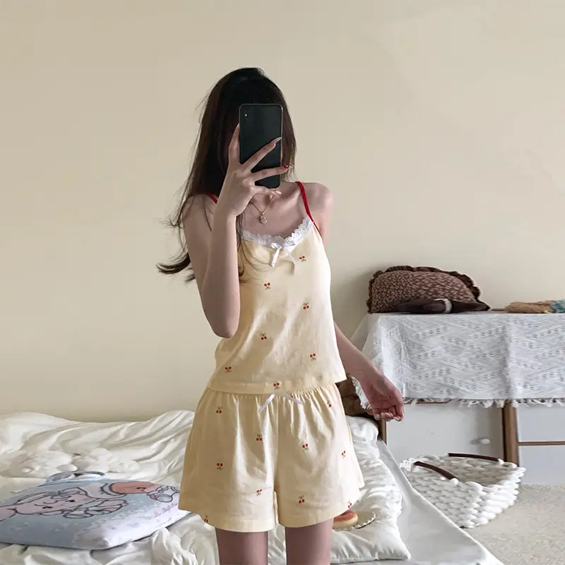 Fashionable Cute Home Sweet Cherry With Chest Pad Pajamas Set For Women
