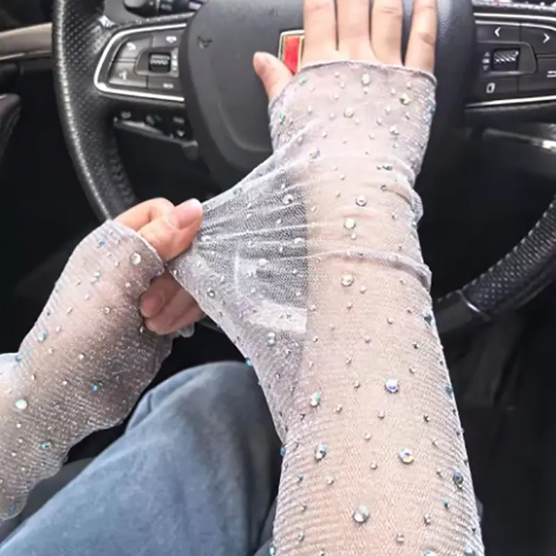 Crystal Mesh Ice Silk Arm Sleeves for Summer Sun Protection, Breathable Women's Hand Sleeves, Cute Long Sleeves