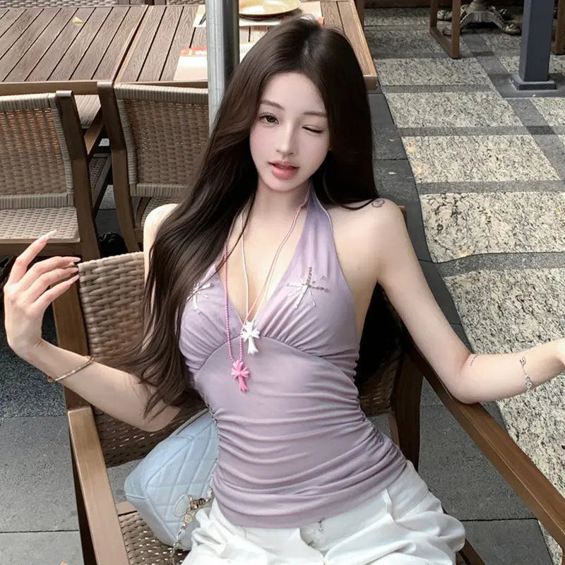 Purple Mesh Camisole Women Summer Holiday Sexy Backless V-neck Halter Sleeveless Unique Tops