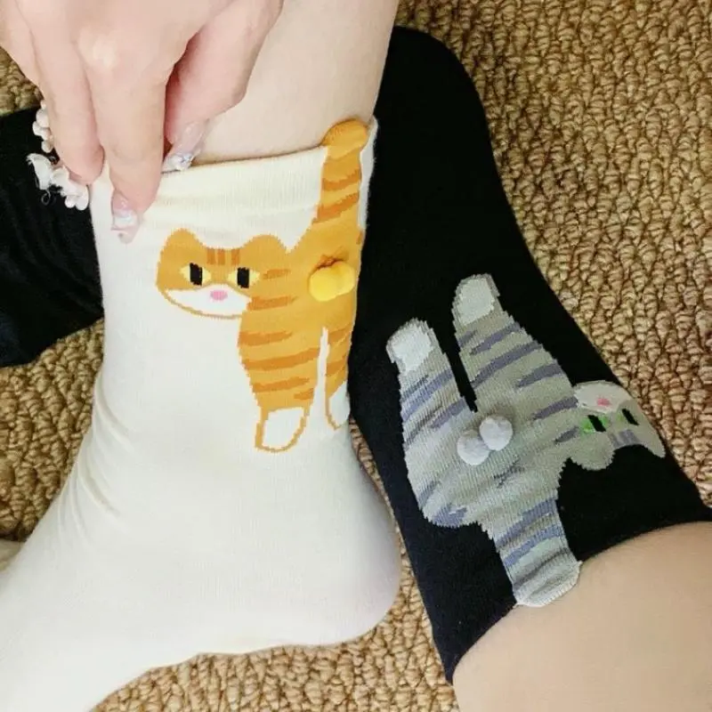 Girls Mid-Length Cotton Socks with Cartoon Cat Balls Design; Lolita Trend Knitted Socks; Feline Tail Print Couple Socks