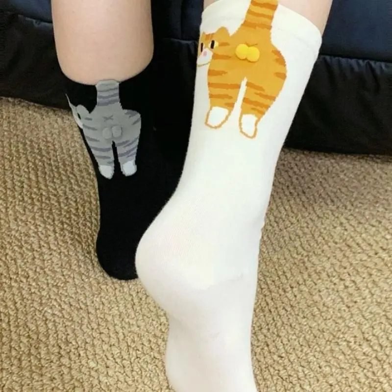 Girls Mid-Length Cotton Socks with Cartoon Cat Balls Design; Lolita Trend Knitted Socks; Feline Tail Print Couple Socks