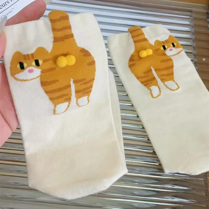 Girls Mid-Length Cotton Socks with Cartoon Cat Balls Design; Lolita Trend Knitted Socks; Feline Tail Print Couple Socks