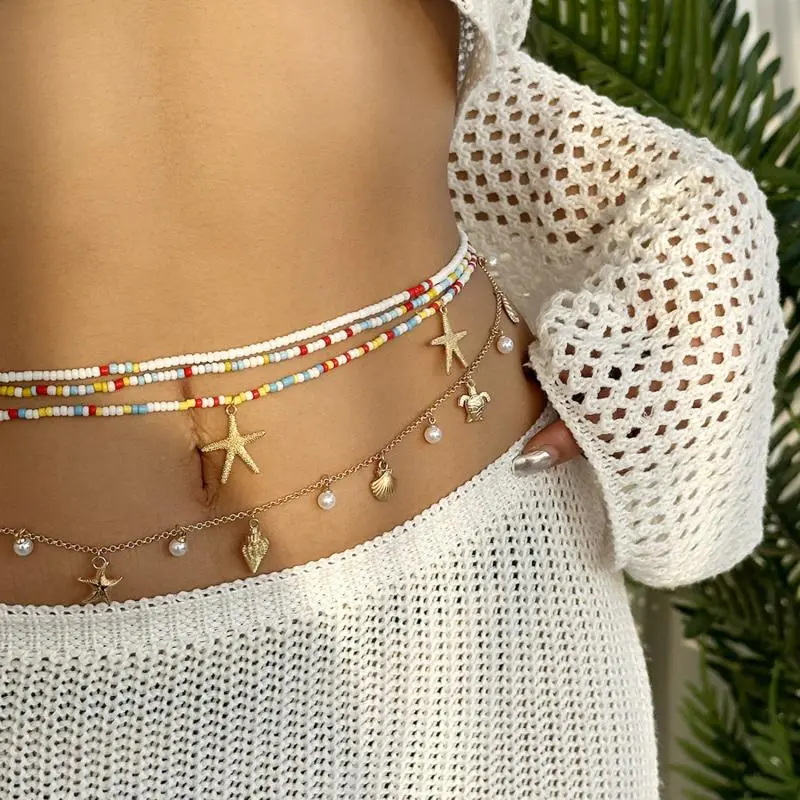 Bohemia Sexy Fashion Layered Tassel Starfish Waist Belly Chain Women Summer Beach Sea Conch Shell Pearl Body Chain Jewelry