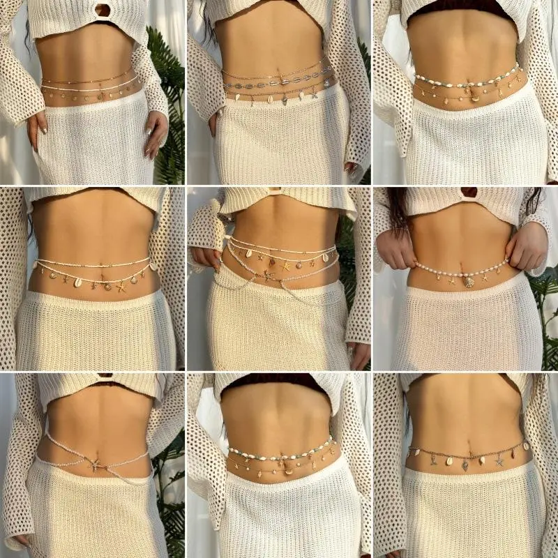 Bohemia Sexy Fashion Layered Tassel Starfish Waist Belly Chain Women Summer Beach Sea Conch Shell Pearl Body Chain Jewelry