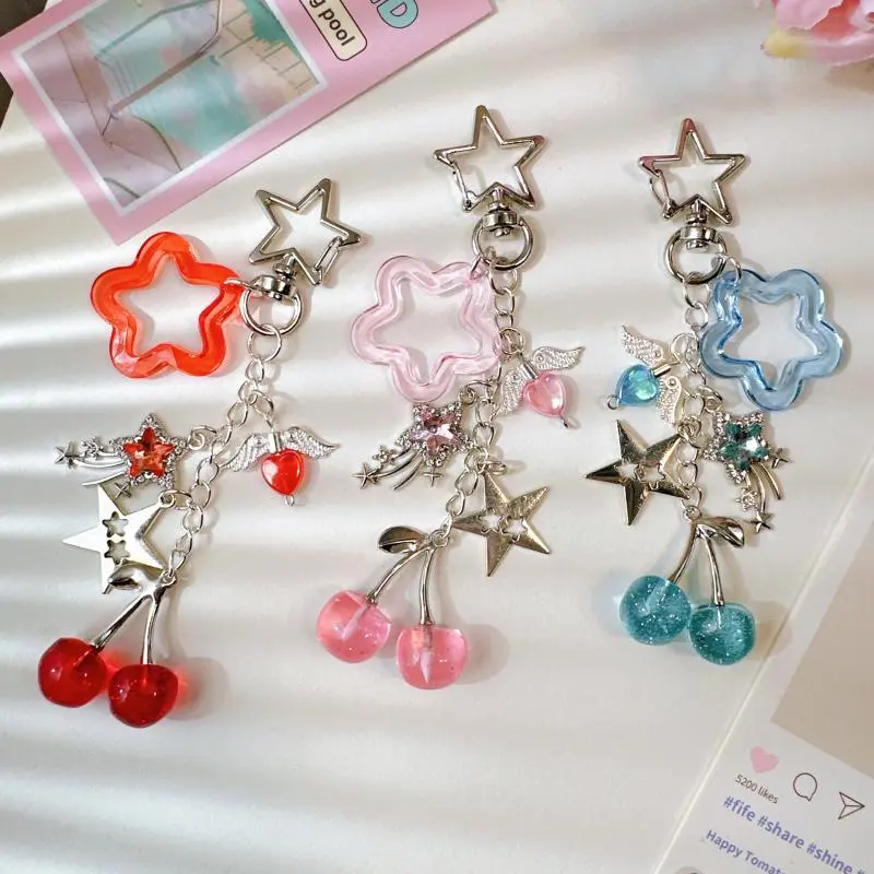 Fashion Diamond Studded Meteor Cherry Keyring Beaded Keychain Backpack Bag Pendant Charm Phone Chain Decoration Accessories