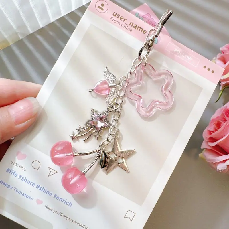 Fashion Diamond Studded Meteor Cherry Keyring Beaded Keychain Backpack Bag Pendant Charm Phone Chain Decoration Accessories