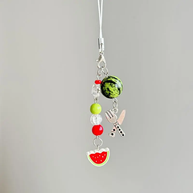 Cute Fruit Keychain Creative Summer Watermelon Pendant Key Chain Beaded Mobile Phone Anti-lost Lanyard Bag Decorative Keyring