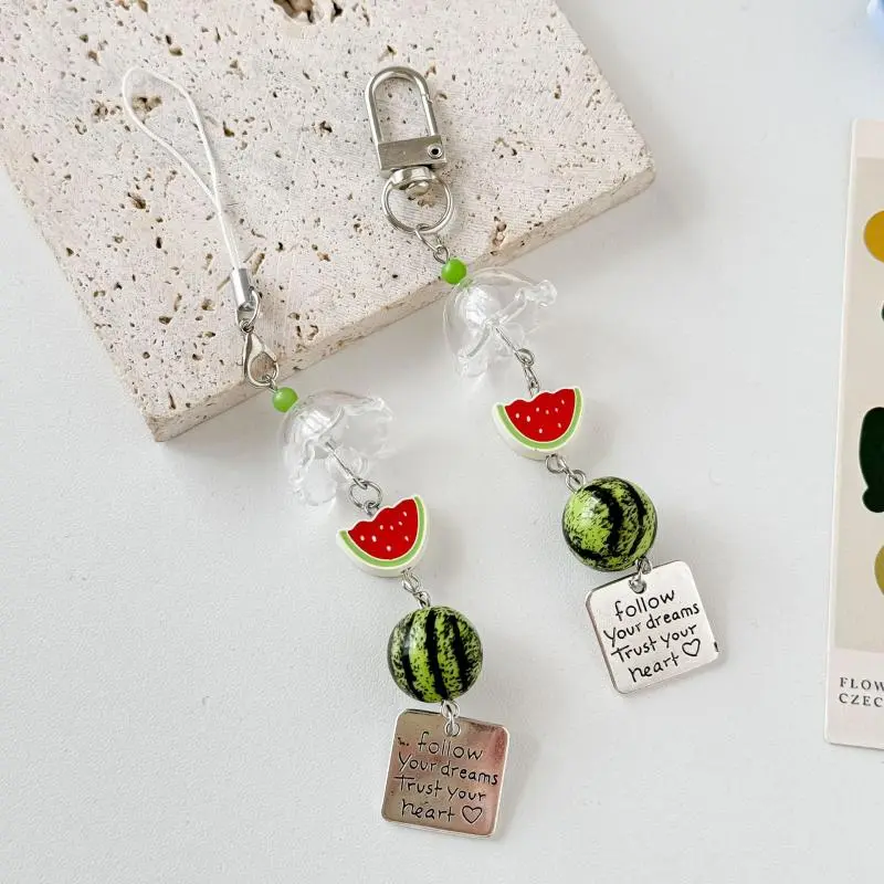 Cute Fruit Keychain Creative Summer Watermelon Pendant Key Chain Beaded Mobile Phone Anti-lost Lanyard Bag Decorative Keyring