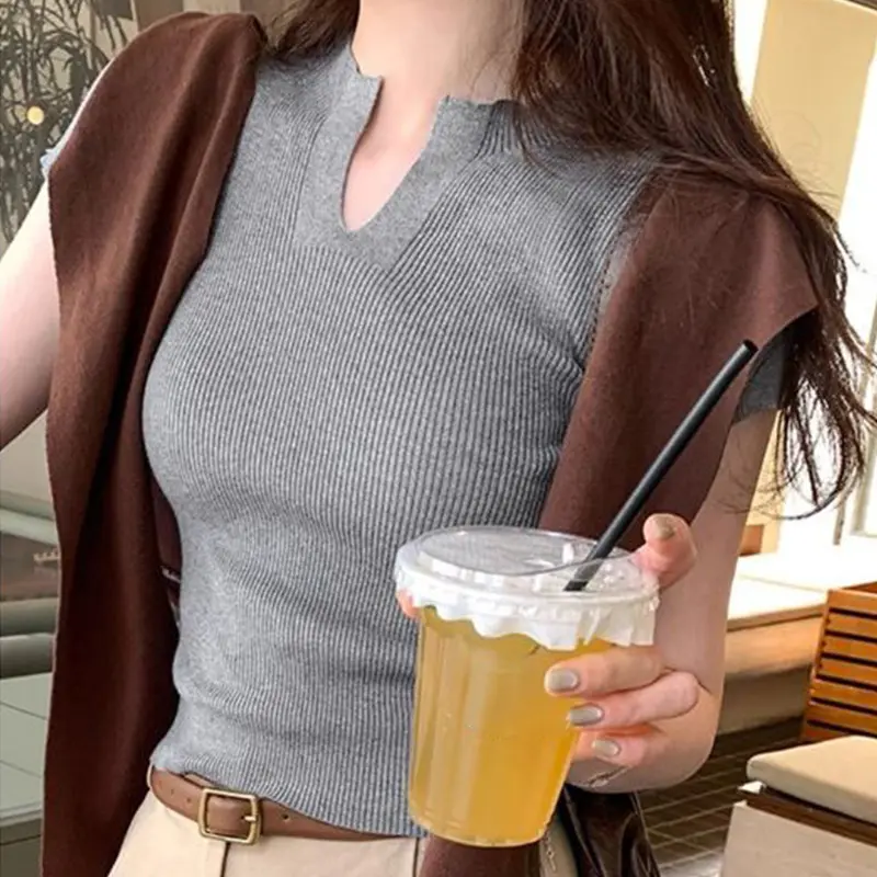 Fashion Casual Slim Stretch American Summer New V-Neck Knitted T-Shirt
