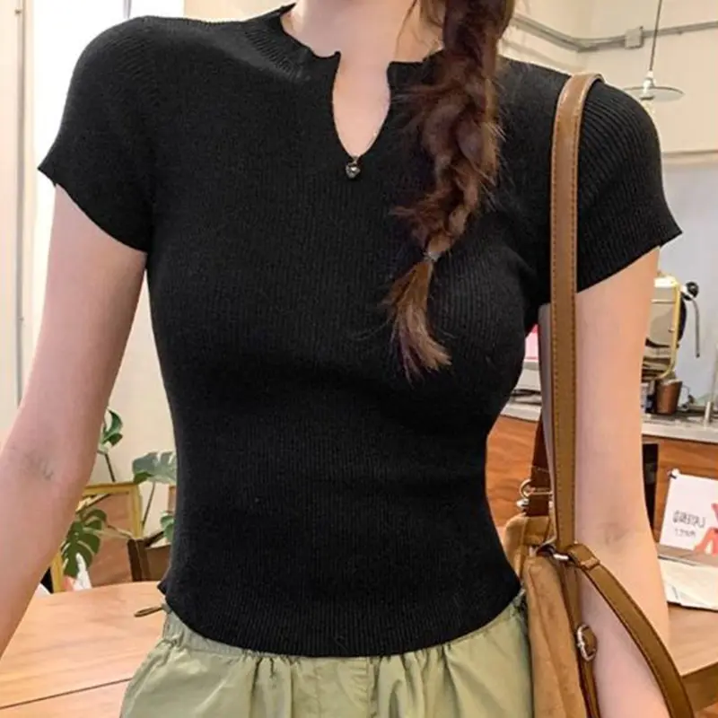 Fashion Casual Slim Stretch American Summer New V-Neck Knitted T-Shirt