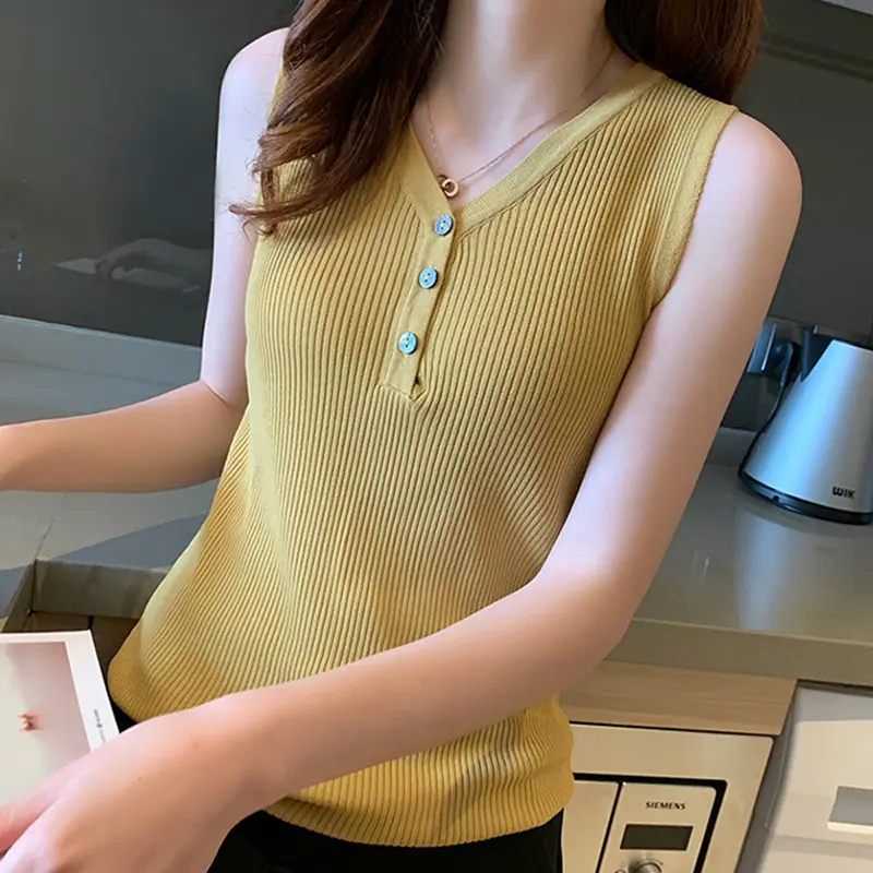 Women Front Buttoned V-neck Sleeveless Solid Color Casual All-match Summer Tops