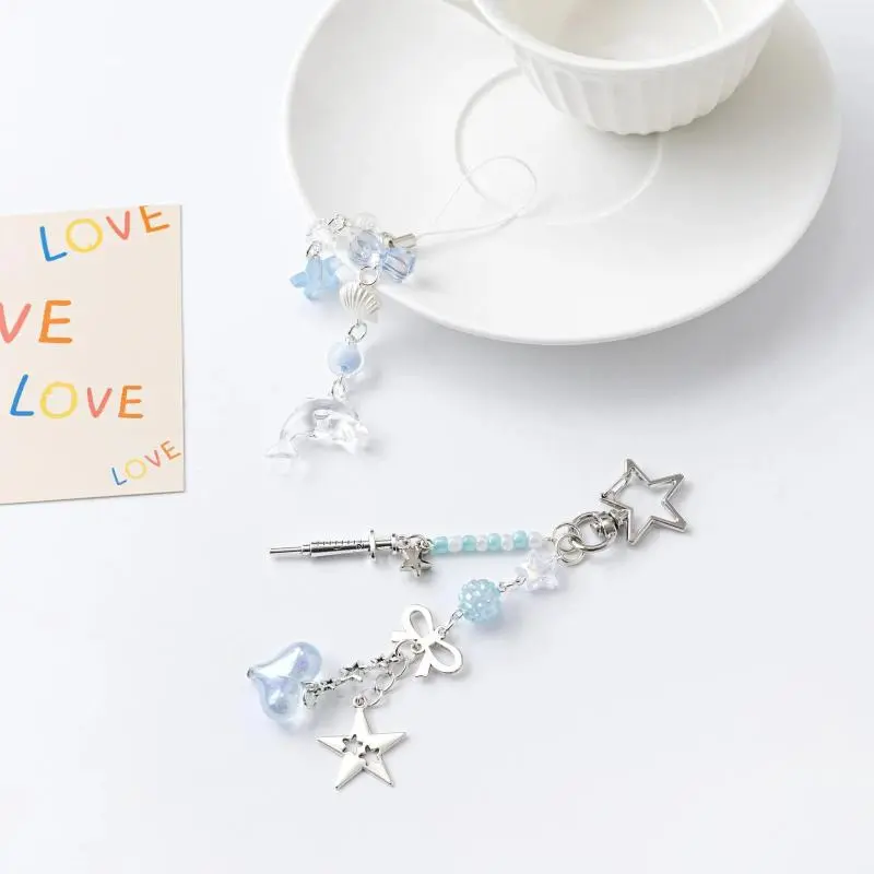 Cute Dolphin Pearls Pendant Keychain Fashion Beaded Mobile Phone Chain Sweet Exquisite Backpack Decoration Accessories Gifts
