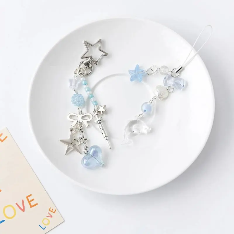 Cute Dolphin Pearls Pendant Keychain Fashion Beaded Mobile Phone Chain Sweet Exquisite Backpack Decoration Accessories Gifts