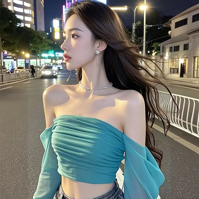 Women's Off-shoulder Mesh Summer Long Sleeve Holiday Sweet Pleated Cropped Tops