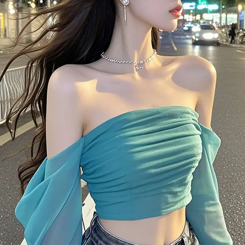 Women's Off-shoulder Mesh Summer Long Sleeve Holiday Sweet Pleated Cropped Tops