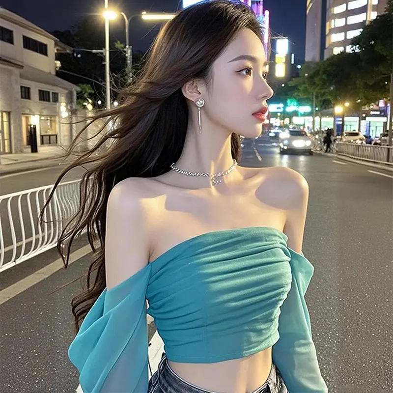 Women's Off-shoulder Mesh Summer Long Sleeve Holiday Sweet Pleated Cropped Tops