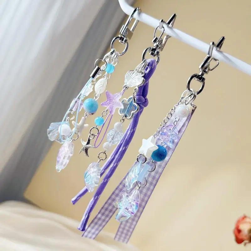 Sweet Purple Shell Star Dolphin Keyring Beaded Keychain Phone Chain Backpack Bag Pendant Charm Car Key Decoration Accessories