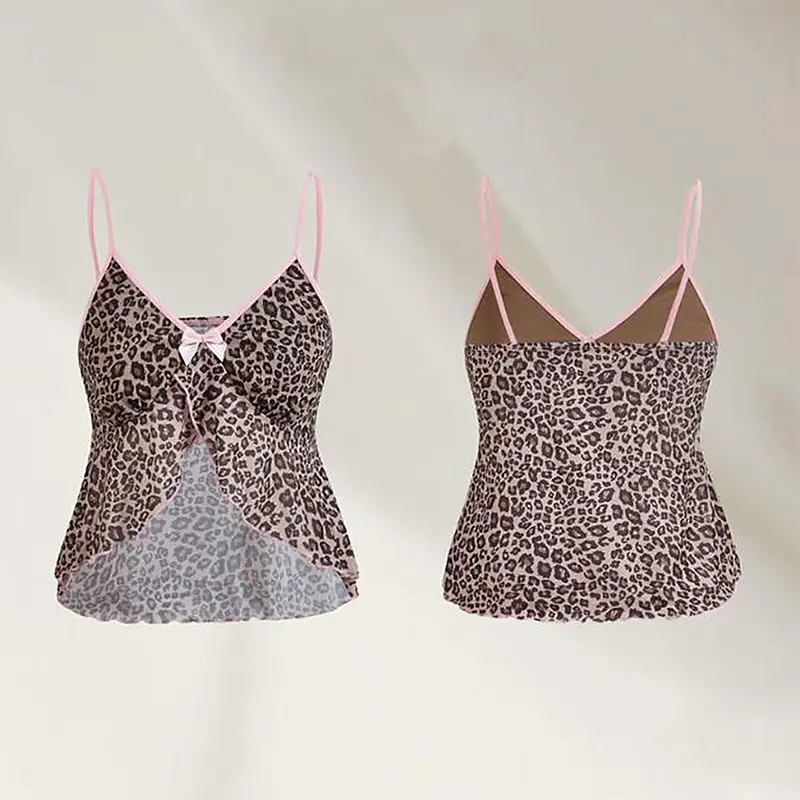 Women Leopard Print Contrast Front Split Sling Tops Summer Sexy Holiday Camisole