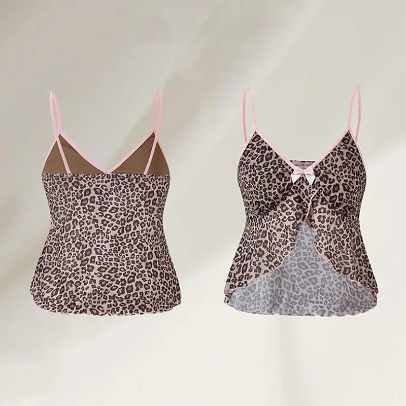 Women Leopard Print Contrast Front Split Sling Tops Summer Sexy Holiday Camisole
